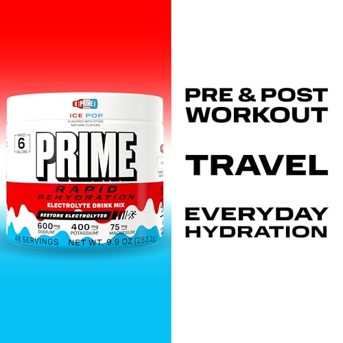 Image of Prime Rapid Rehydration Electrolyte Powder, Ice Pop, Sugar Free Hydration Drink Mix with Sodium, Potassium, Magnesium & B Vitamins to Replenish Fluids, Caffeine Free, 6 Gallon Tub, 48 SRV