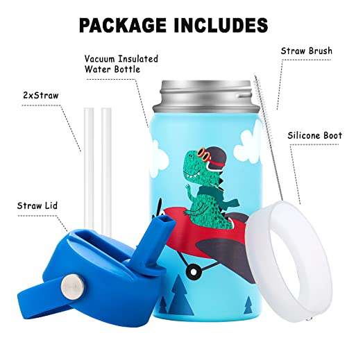Werewolves 14 Oz Kids Water Bottle With Boot, Vacuum Insulated Stainless Steel Wide Mouth Metal Bottle For Girls, Boys, School - Leakproof Straw Lid, Dinosaur Pilot #TOP2