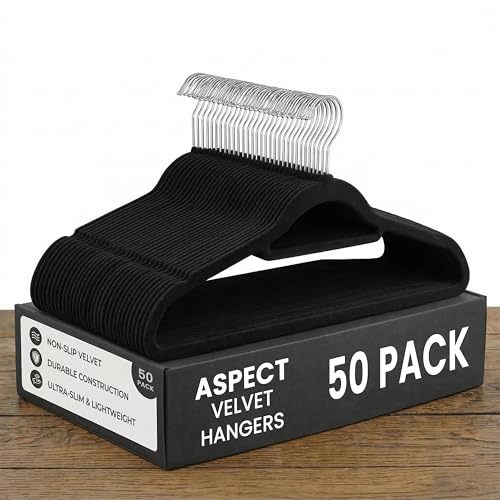 Aspect Velvet Hangers Pack of 50 Heavy Duty Velvet Clothes Hangers Non-Slip Coat Hangers with Tie Bar & 360 Swivel Hook Slim Space-Saving Wardrobe Hangers For Suits Shirts & Dresses (Black)
