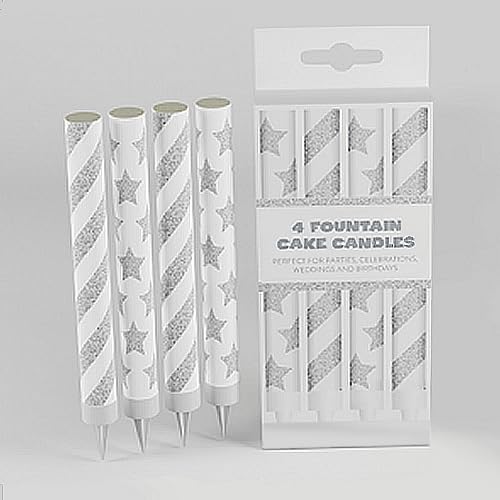 Pack of 4 12cm Ice Fountain Cake Candles | Silver & White Cake Topper Decorations | Sparkling Cake Candle Fountains
