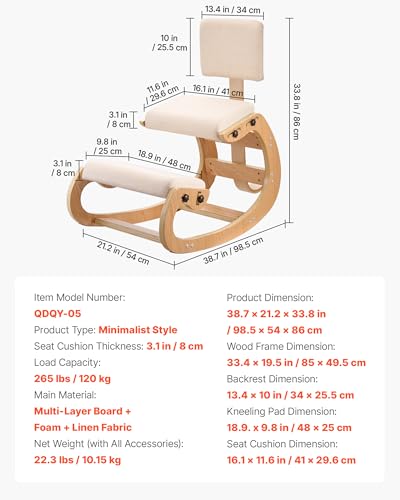 Image of VEVOR Ergonomic Kneeling Chair, Wooden Posture Knee Chair with Adjustable Thick Foam Cushions, Backrest and Wood Frame, Adjustable Height, Relief for Neck or Back Pain for Home, Office or Meditation
