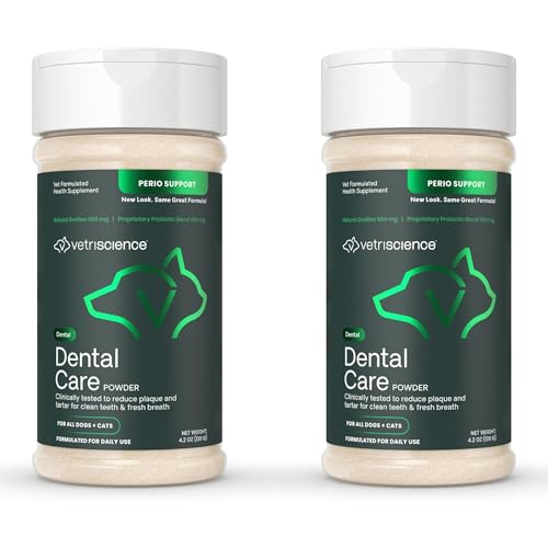 Image of VetriScience Dental Care Powder for Dogs & Cats - Helps Reduce Plaque & Tartar Buildup, Clean Teeth & Fresher Breath, Clinically Tested, Vet-Formulated Oral Supplement, 4.2 oz - 2 Pack