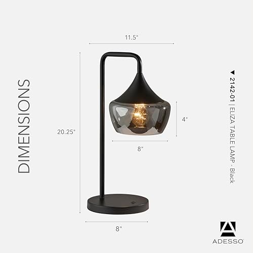 Adesso Black Table Lamp with Smoked Glass Dome Shade – Ambient Accent Lighting for Bedroom, Living Room or Home Office, 20.25” Tall by Adesso - Image 2