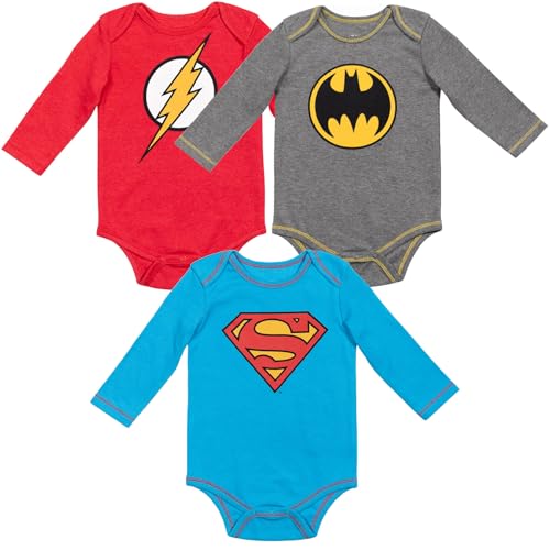 Image of WARNER BROS. Justice League Superman Batman Flash Baby 3 Pack Long Sleeve Bodysuit Newborn to Infant