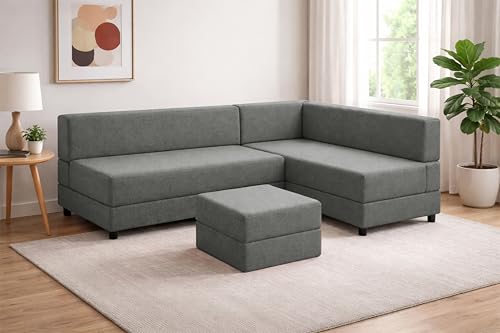 Image of Leg Sofa Cum Bed with Ottoman | Jute Fabric | Multipurpose Folding 3 Seater Sofa Bed 5x6 Ft for Living Room | Space Saving Furniture | Modern Design - Grey