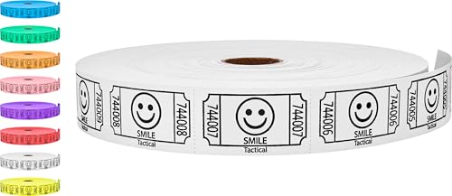 Tacticai 2000 Raffle Tickets, Smile, White (1 of 8 Colors), Single Roll, Ticket for Events, Entry, Class Reward, Fundraiser & Prizes