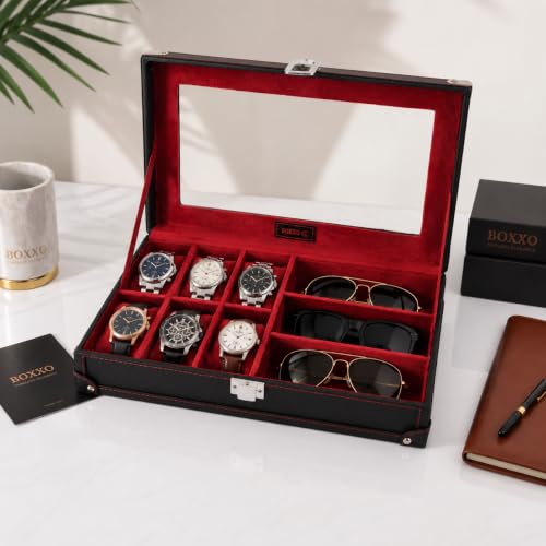 Image of BOXXO 12 Slot Watch Organizer Box for Men & Women - Premium PU Leather Watch Case (9-slots Black /Red)