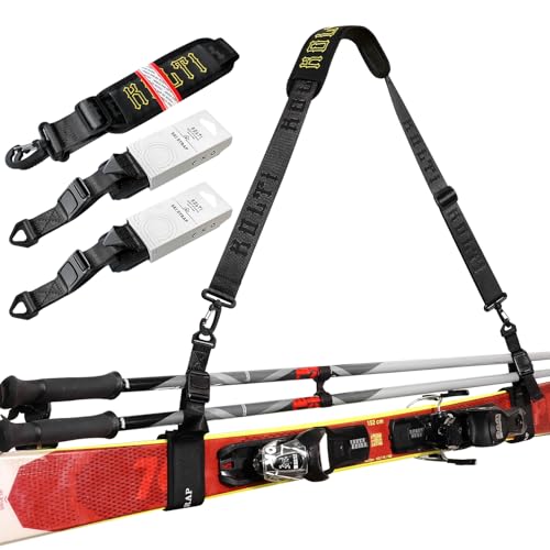Ski Strap & Pole Carrier, Adjustable Shoulder Straps Features Padded Shoulder Pad & Strong Buckle, Great for Families - Men, Women and Children - Black