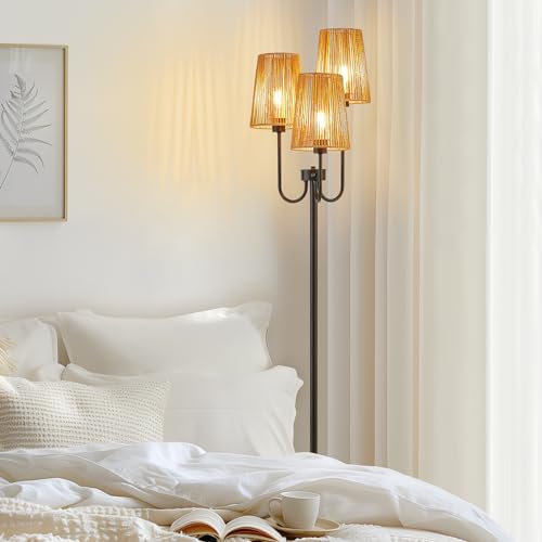 RORIANO Boho Floor Lamp for Living Room, 3-Light Rotary Switch Farmhouse Standing Bedroom Lamp with Rattan Shade, Tall Floor Lamps for Rustic, Coastal, Beach or Bohemian Decor, 3 LED Bulbs Included - Image 7