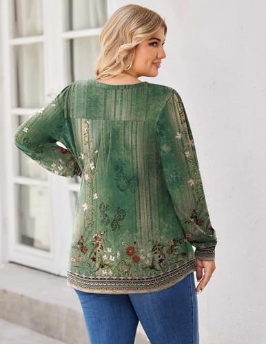 Image of IN'VOLAND Womens Plus Size Shirts V Neck Puff Long Sleeve Tops | Loose Fit, Dressy Casual Blouse, Pleated, Fall Outfits, Business Work TShirts, Basic Tees