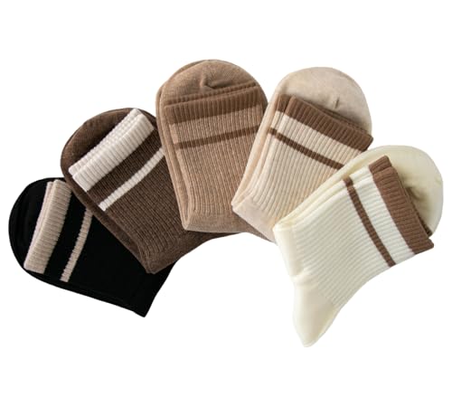 Image of Deeorla Womens Striped Crew Socks Brown Vintage Retro Athletic Socks 5 Pairs
