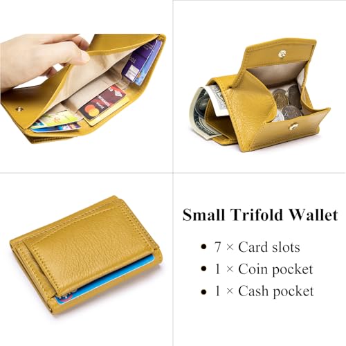 Image of Small Wallet Women Genuine Leather RFID Blocking Trifold Tiny Wallets with Snap Coin Pouch 7 Card Solts