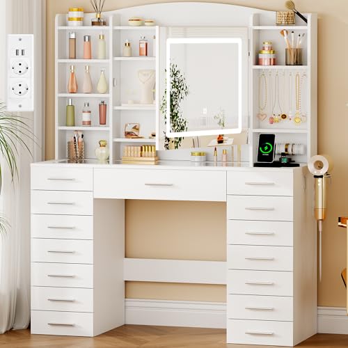 ANWBROAD Coiffeuse avec Miroir et éclairage LED 3 Couleurs,15 Tiroirs, 7 étagères Ouvertes, Grande Coiffeuse avec Plateau en Verre, Prises, pour Chambre...