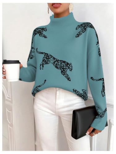 Image of WDIRARA Women's Leopard Tiger Print Sweater High Neck Long Sleeve Fuzzy Knitted Pullover Top