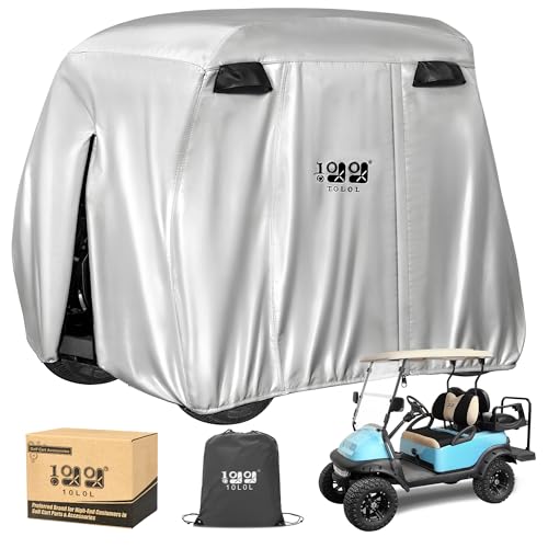 10L0L Golf Cart Cover 2/4/4+2 Passenger for Yamaha EZGO Club Car, Heavy Duty 420D Waterproof Windproof Durable Polyester Golf Cart Cover with 3 Zipper Doors for All-Weather Protection (Black/Silver)​​