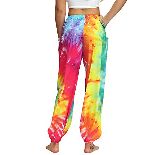 image for Nuofengkudu Women's Hippie Baggy Harem Trousers Smocked High Waist Sof