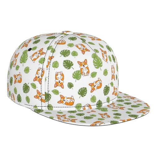Unisex Adult Cute Corgi Funny Fat Dog Tropical Leaves Baseball Cap Snapback Dad Hat for Camping Golf Outdoor Activities, Fashionable Adjustable Snap Military Cap, One Size Fits Most