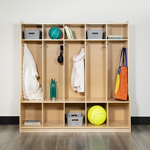 Flash Furniture Hercules Wooden 5-Section School Coat Locker with Bench, Cubbies, and Storage Hooks, Preschool Cubby Organizer, 48"H x 48"L, Natural - Image 3