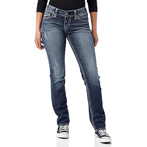 Silver Jeans Co. Women's Suki Curvy Fit Mid Rise Straight Leg Jeans, Vintage Dark Wash with Lurex Stitch, 32W x 36L Cover