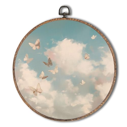 Tzhim Whimsical Pastel Butterfly Round Wall Art, Nature Butterfly Sky Cloud Round Wall Decor Framed, Vintage Cottagecore Canvas Walls Sculptures for Girl Nursery Kids Room Bedroom Decor, 10x10 Inch