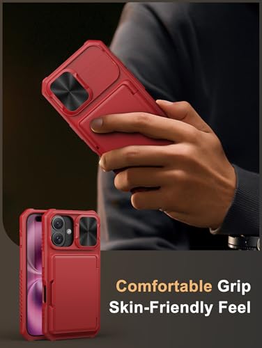 Image of Vihibii for iPhone 16 Wallet Case with Card Holder (4 Cards) [RFID Blocking] & Slide Camera Cover & Raised Edges Protect Screen, Shockproof Rugged Phone Cover for iPhone 16 6.1 inch 2024, Red