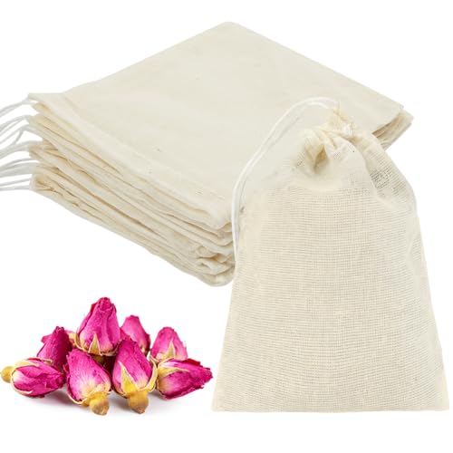 ABOHU Lot de 25 Réutilisable Sachets Filtre a Thé, 8 x 10cm, Sacs à Cordon en Mousseline de Coton, Sacs D'infusion avec Cordon Lavable Sac Infuseurs pour Épices Thé Café Herbes Cuisine