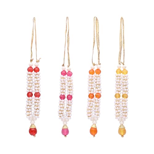 Set of 4 Mala Artificial Beads Ribbon Garland Small Idol Mala Pooja Sringar Articles Ornament Indian Traditional Holi Festival Laxmi Poojan Decorations Home Decor Frame Housewarming (Size:-3.5")