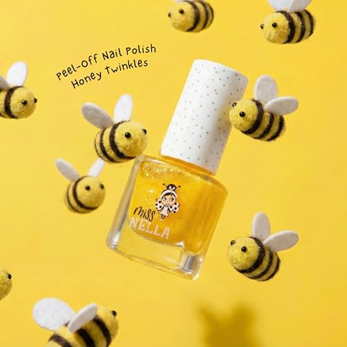 Miss Nella PIXIE DUST – Peel Off, bezzapachowy, na bazie wody i bezpieczny lakier do paznokci dla dzieci, 3 sztuki, brzoskwinia (brokat), fioletowy i żółty (błyszczący)
