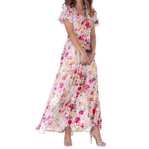 2026 Robes pour femme - Robe longue en mousseline de soie - Motif floral - Manches courtes - Volants - Col en V - Taille tendance - Robe fluide (S)
