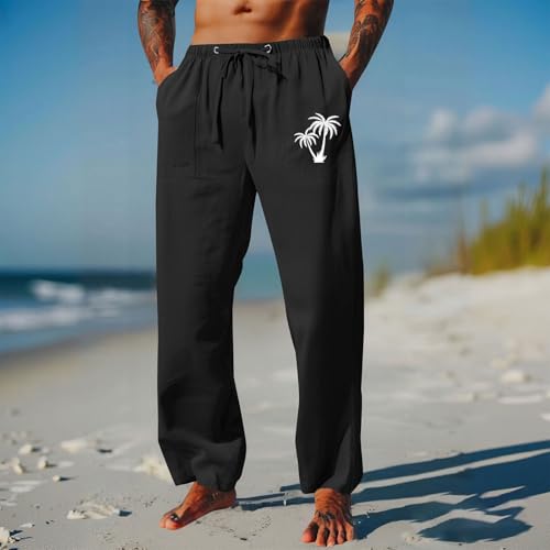 Mens Casual Linen Pants Loose Fit Elastic Drawstring Waist Straight Legs Summer Yoga Beach Long Pants Bedroom with2