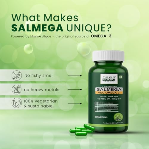 Image of Salmega Veg Omega 3 Algal Oil Capsules - 1600mg Marine Algae Omega (450mg EPA & 150mg DHA) | Plant Based Omega 3 Supplement | Vegetarian DHA for Heart, Brain, Joint & Immunity Support | 60 Veg Capsules