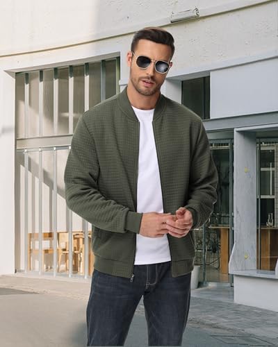 Image of YuKaiChen Mens Lightweight Bomber Jacket Casual Plaid Jacquard Varsity Jacket Coat with Zipper Pockets