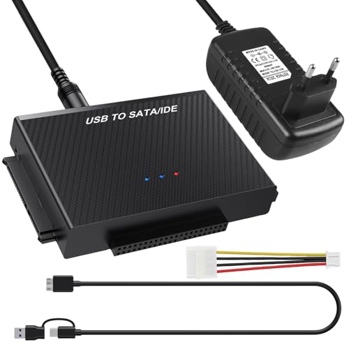 Adaptador USB 3.0 a SATA IDE, USB 3.0 a IDE/SATA para disco duro SATA de 2,5/3,5 pulgadas SATA e IDEHDD/SSD, adaptador de disco duro externo con cable USB y cable SATA y fuente de alimentación de 12 V