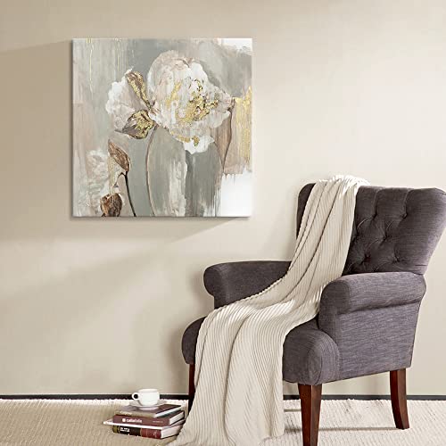 Goldfoilart Floral Wall Art Gold Picture Of White Flower Canvas With Gold Foil Embellishment Paintings Textured Print Framed Artwork For Living Room Bedroom Office Decorations 24" X 24" #TOP6