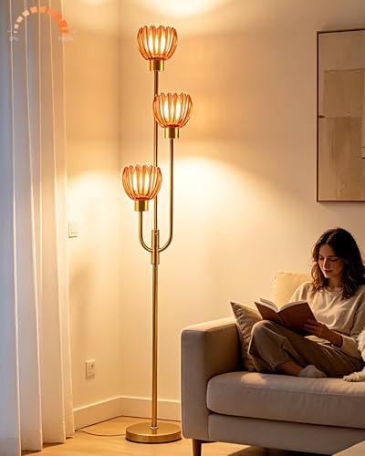 Image of 3-Lights Modern Glass Floor Lamp Gold Dimmable Floor Lamps with 3000K Warm White Bulbs for Wedding Party 66IN Tall Standing Lamp with Deep Red Glass Shade for Living Room /Bedroom /Girls Room
