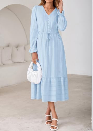 Lazysmile Women's Long Sleeve Maxi Dresses 2026 Fall V Neck Button Down Tie Waist Swing Casual Boho Dress with Pockets Blue — view 3