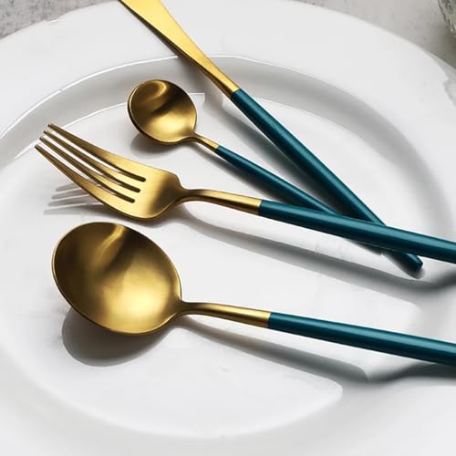 Image of aDai Premium Gold SUS304 Stainless Steel Cutlery Set - 8 Spoons, 4 Fork, 4 Steak Knife - Mirror Finish Dinnerware Flatware (Green - Set of 16)