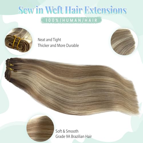 Image of Sew In Hair Extensions Real Human Hair 12 Inch Weft Extensions Real Remy Hair Golden Blonde Balayage Blonde Highlights Double Weft Full Head Straight Hair Weaves 80G Hair Weft Bundles Straight Hair