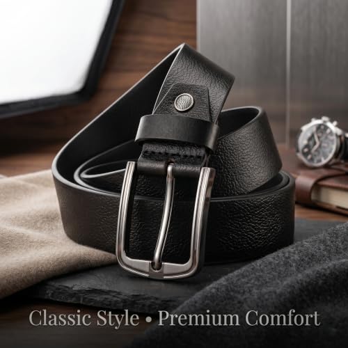 Image of Genuine Leather Belt for Men - Premium Formal & Casual Belt with Metal Buckle - Durable Adjustable Waist Belt for Jeans, Trousers & Office Wear