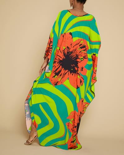 Image of Bsubseach Kaftan Dresses for Women Floral Print Plus Size Beach Cover Up | Lightweight V Neck Loose Fit Boho Dress, Batwing Sleeve Side Slit, Moo Moos for Women Home Loungwear Cruise Resort Wear