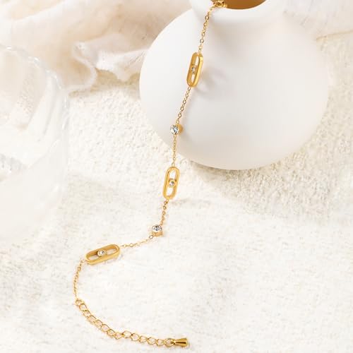 Image of 18K Gold Plated Stainless Steel Dainty Charms Colorful Crystal Birthstone Bracelet Minimalist Cute Jewelry for Women