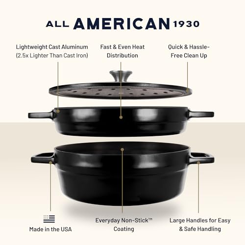 Image of All American 1930 - Dutch Oven - The Complete Set, Black Onyx - 7.75qt Capacity - Ideal for Family Meals & Versatile Cooking - Non Stick & PFAS Free - Made in the USA