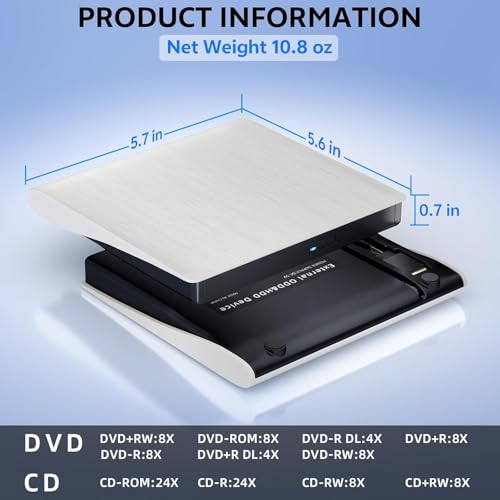 Image of External CD DVD Drive Player, USB 3.0 USB-C Portable CD DVD + /-RW Disk Drive Burner CD-ROM Reader Writer for Laptop Desktop PC (2 in 1 DVD Writer - White)