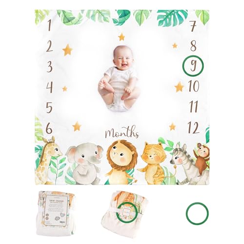 Image of KooKooBaby Monthly Milestone Blanket, 47"x47" Premium Fleece Baby Blanket with Felt Marker, Safari Animals