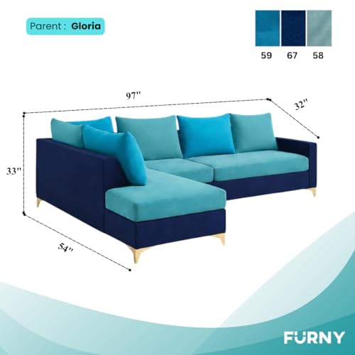 Image of FURNY Gloriss 6 Seater Fabric LHS L Shape Sofa Set with Multi-Color Aqua Blue Cushions (Sky Blue-Dark Blue) Premium Velvet Finish with Golden Legs | Ideal for Living Room, Offices