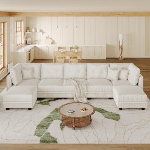 Image of LLappuil Modular Sectional Sofa with Storage, U-Shaped 7-Seat Corduroy Couch with 7 Throw Pillows, Pet-Friendly Convertible Sofa for Living Room & Apartment, Skin-Friendly, Beige