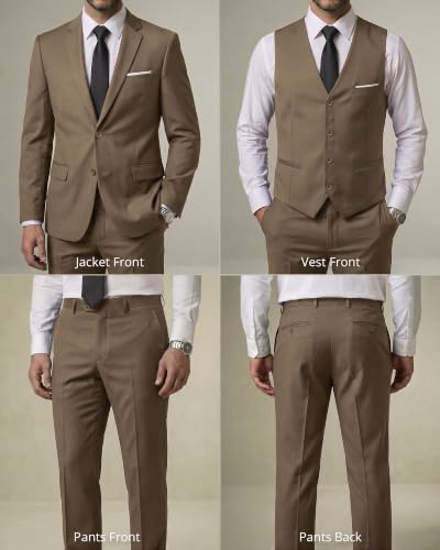 Image of YND Men's 3 Piece Suit with Tie, Solid Color Slim Fit Jacket Vest and Pants