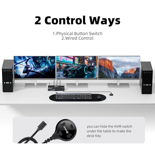 Image of KVM Switch 3 Monitors 4 Computers HDMI + DisplayPort, 8K@30Hz /4k@144Hz KVM Switcher for 4 Computer Share 3 Display and 4 USB 3.0 Devices