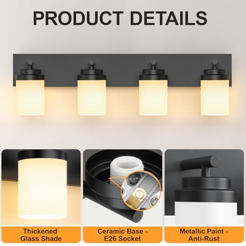 Image of IZORRO Bathroom Vanity Light Fixture, 4-Light 30 Inch Matte Black Bathroom Light Fixtures Over Mirror, with White Glass Shade, Modern Farmhouse Vanity Lights, Rustic Restroom Lighting Fixtures