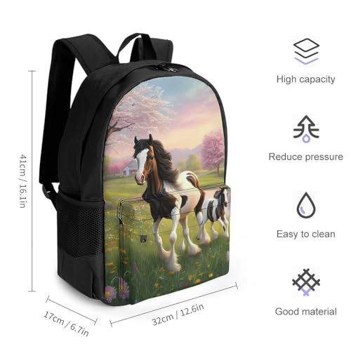 Gypsy Vanner Horse Mare And Foal In Spring Pasture Art Daypack Lightweight Multipurpose Anti-Theft Shoulder Bag Large Capacity Laptop Book Bag Rucksack With Adjustable Shoulder Straps2